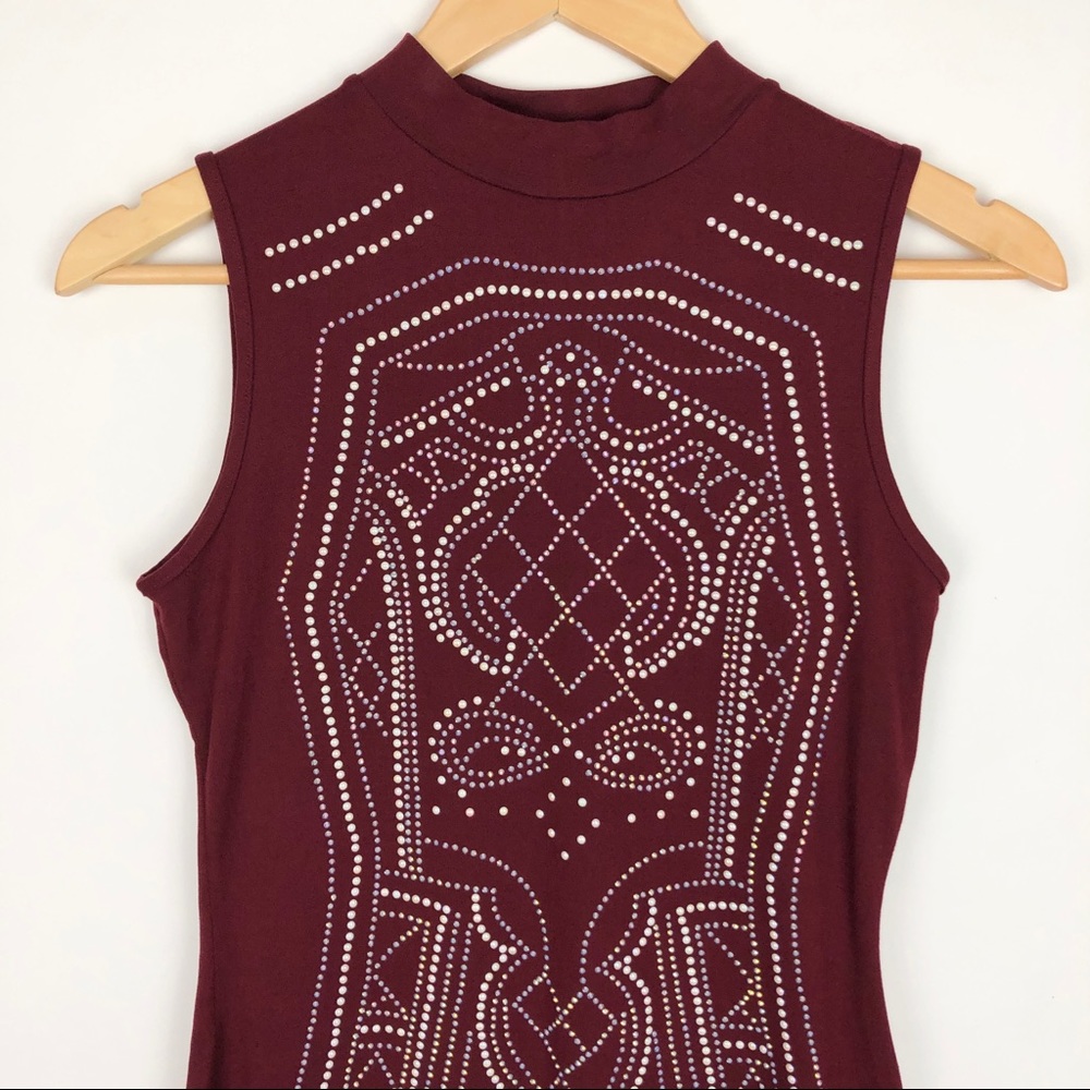 Say What? Body Con Rhinestone Maroon Sleeveless Mock-neck Dress - Picture 4 of 12